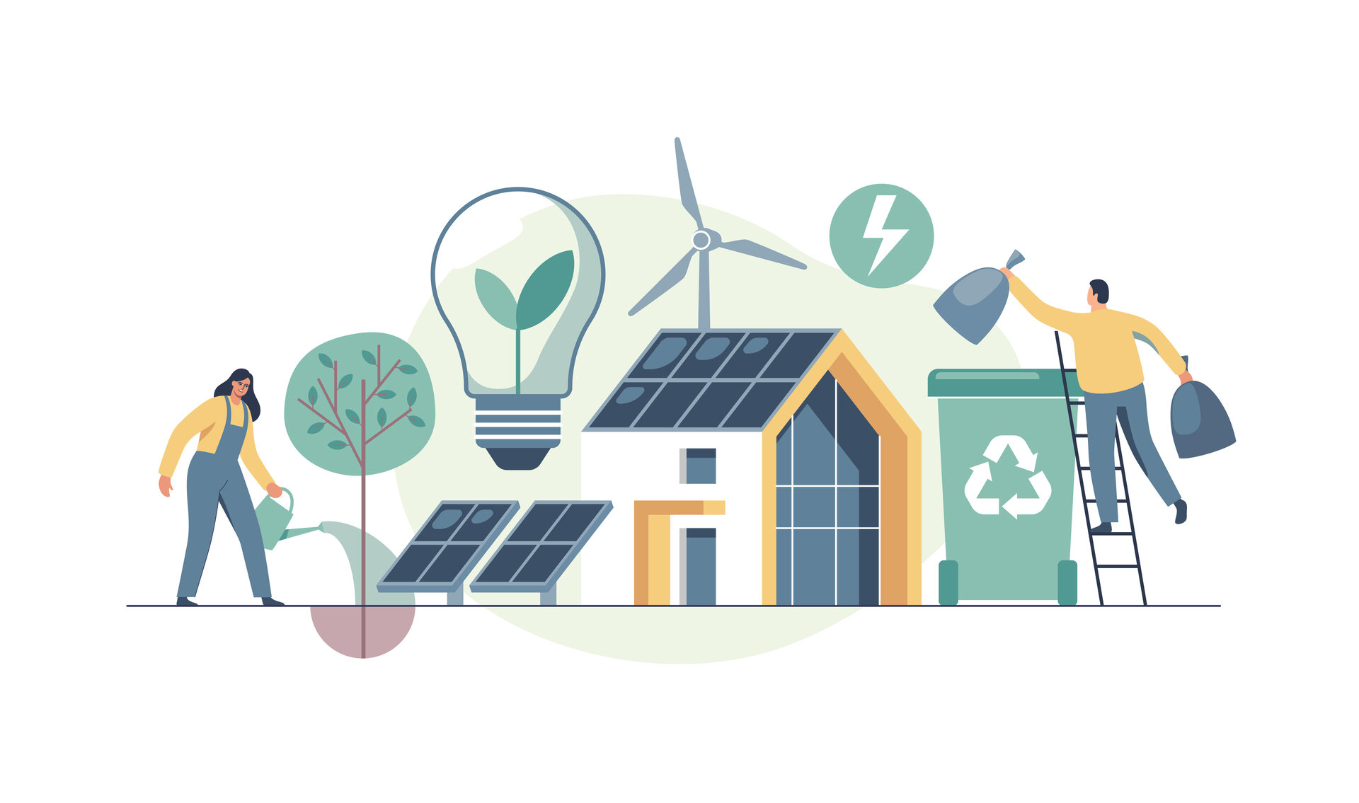 Umweltschutz und Nutzung sauberer grüner Energie aus erneuerbaren Quellen, Zeichnung eines modernen Ökohauses mit Windmühlen und Sonnenkollektoren.
